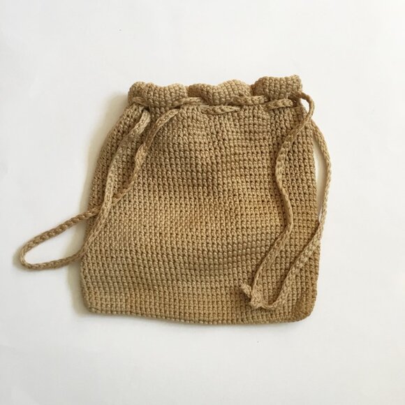 Handmade Crochet Knitted Beige Drawstring Square Bag Purse - Picture 2 of 3